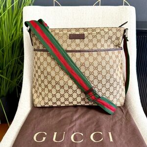 Gucci Beige and Brown Crossbody Bag with Green and Red Strap